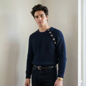 Pierre Balmain Sweater Mens 40 Medium Navy Blue Wool Blend Ribbed Button Eyelet